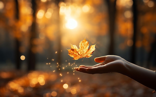 Persona de la mano con hoja de otoño en la naturaleza