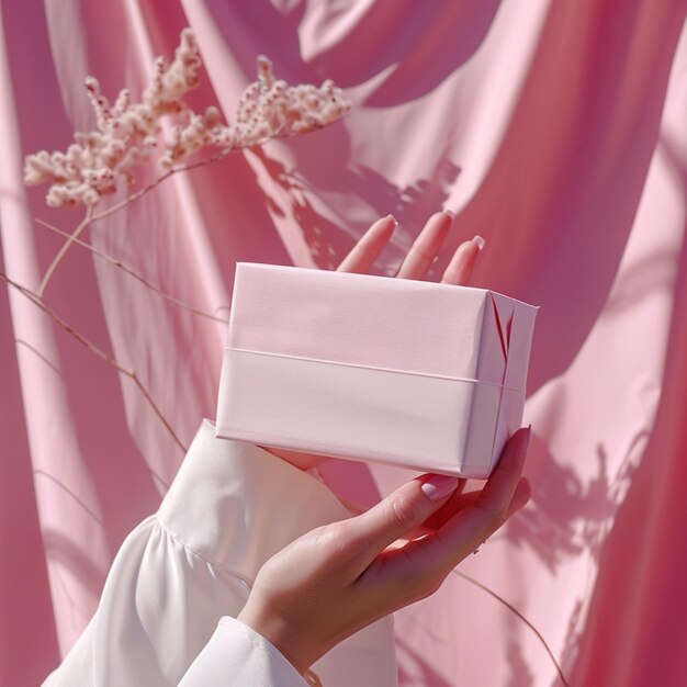 Foto una persona con la mano sosteniendo una caja de regalos sobre un fondo rosa