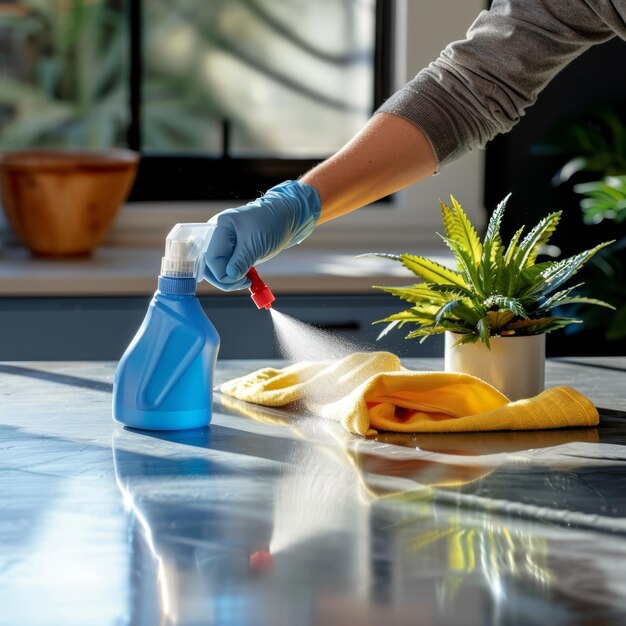 una persona con las manos en guantes usando una botella de spray azul y un paño amarillo para limpiar una mesa