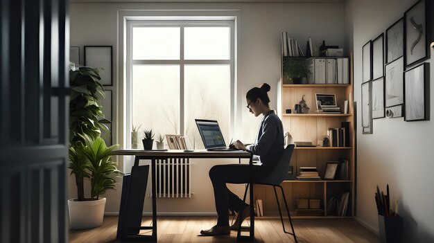 Una persona con las manos navegando por un touchpad de portátil en un espacio de coworking limpio y moderno