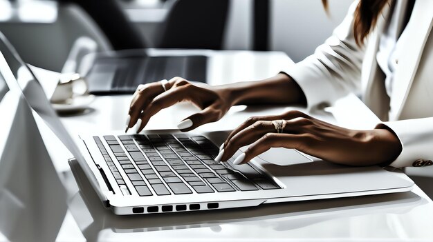 Una persona con las manos navegando por un touchpad de portátil en un espacio de coworking limpio y moderno