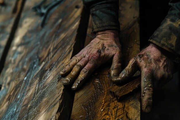 Una persona con las manos sucias en una mesa de madera