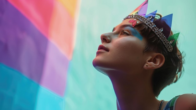 Persona con maquillaje colorido y corona contra el fondo del arco iris