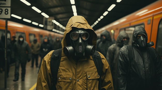 una persona con una máscara antigás y parada en el metro