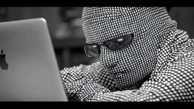 Una persona con una máscara estampada y gafas de sol usando una computadora portátil creando una atmósfera misteriosa
