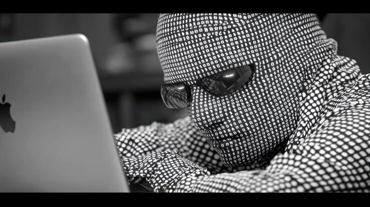Foto una persona con una máscara estampada y gafas de sol usando una computadora portátil creando una atmósfera misteriosa