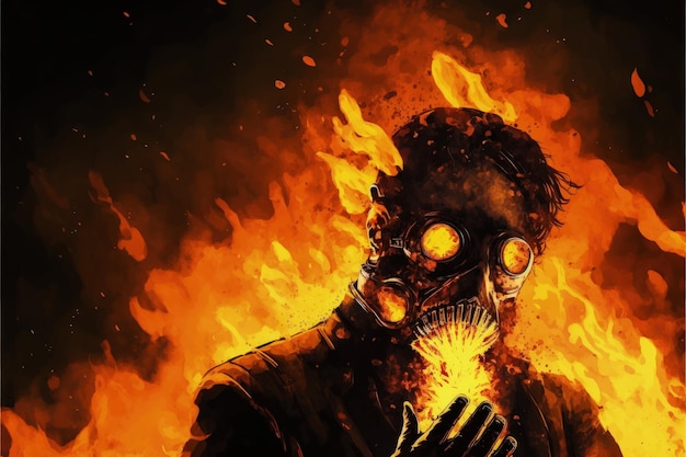 Persona con máscara de gas exhalando llamas Concepto de fantasía Pintura de ilustración IA generativa