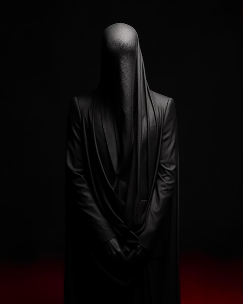 Una persona con una máscara negra se para frente a un fondo rojo.