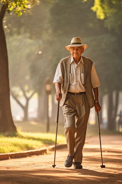 Una persona mayor caminando tranquilamente por un parque