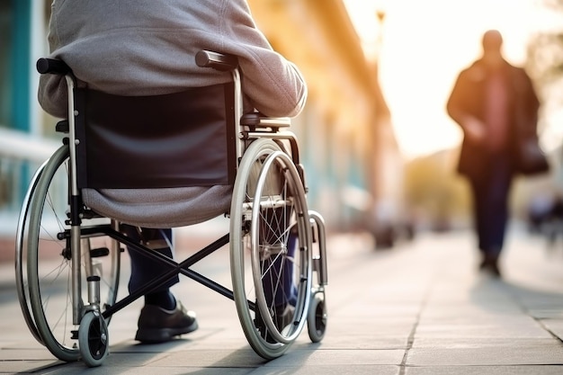 Una persona mayor con discapacidad en una silla de ruedas en un parque de otoño Envejecimiento Caminando en silla de Ruedas en el parque