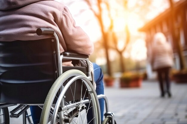 Una persona mayor con discapacidad en una silla de ruedas en un parque de otoño Envejecimiento Caminando en silla de Ruedas en el parque