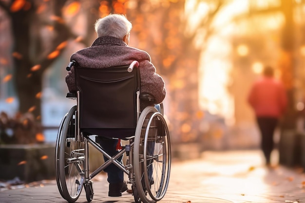 Una persona mayor con discapacidad en silla de ruedas en un parque de otoño Vejez Caminando en silla de ruedas en el parque