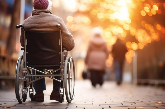 Una persona mayor con discapacidad en silla de ruedas en un parque de otoño Vejez Caminando en silla de ruedas en el parque