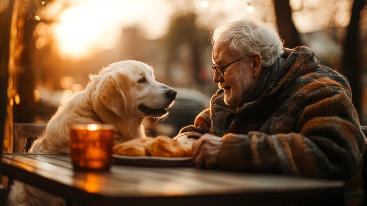 Una persona mayor y un perro comiendo juntos en un patio soleado