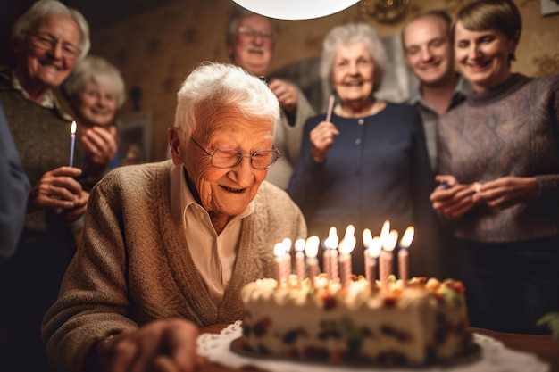 Una persona mayor sonriente celebrando su cumpleaños con un pastel generativo.