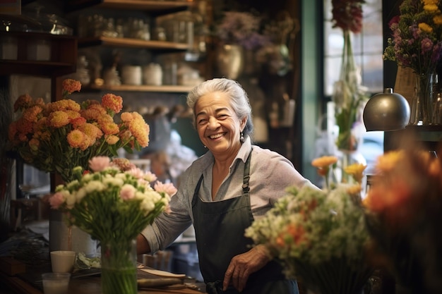 Foto persona mayor en su tienda de flores sonriendo