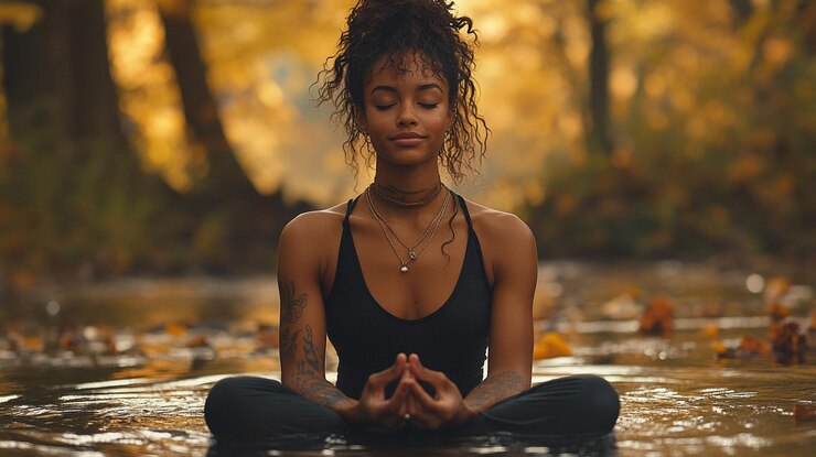 Persona en meditación en el fondo relajante y limpio de la almeja