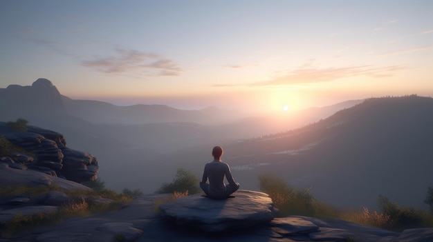 Una persona meditando en un acantilado con la puesta de sol detrás de ellos