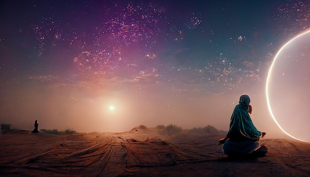 Una persona meditando en el desierto con el cielo de fondo