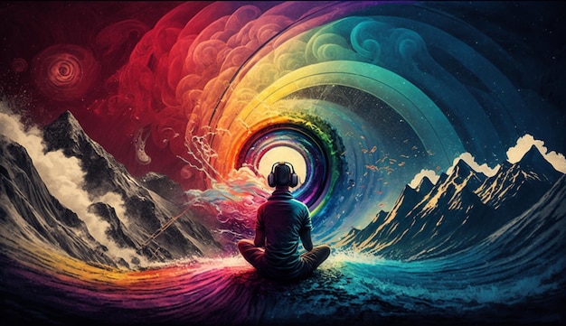 Una persona meditando frente a un arco iris y las palabras 'arco iris' en él