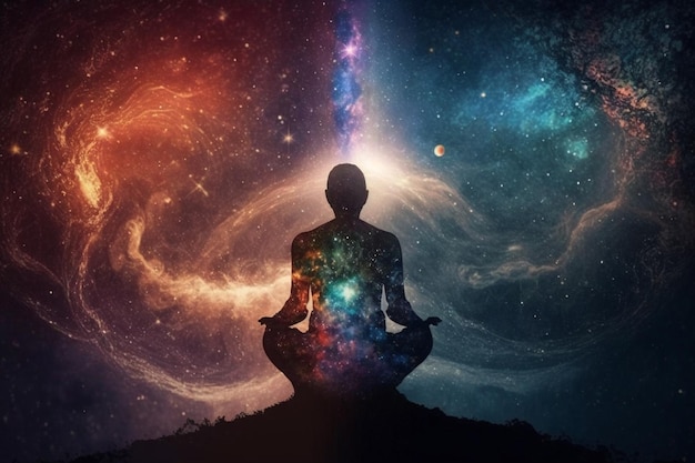 Una persona meditando frente a una galaxia y el universo.