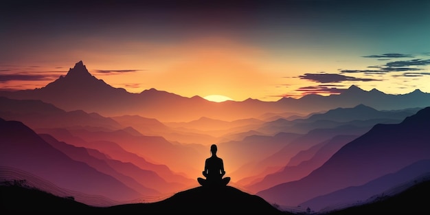 Una persona meditando frente a un paisaje de montaña con el sol poniéndose detrás de ellos.