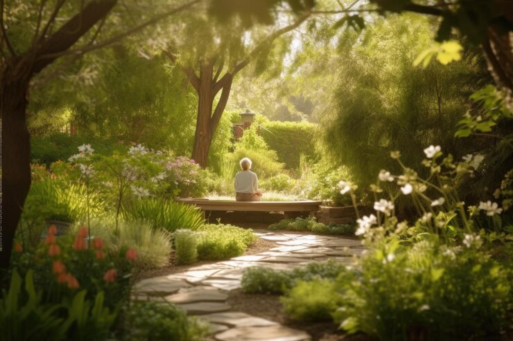 Persona meditando en un jardín pacífico con una brisa suave y el canto de los pájaros creado con AI generativo