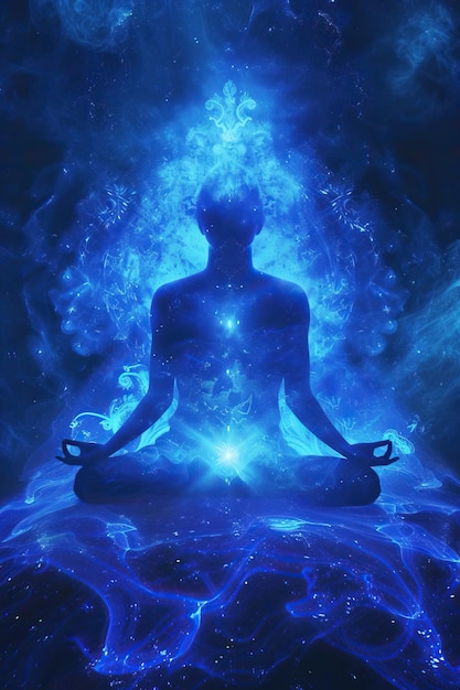 una persona meditando en una luz azul
