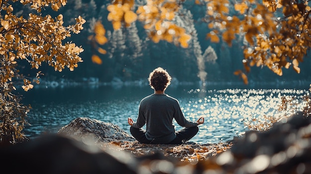 Persona meditando pacíficamente en un bosque tranquilo lleno de vegetación