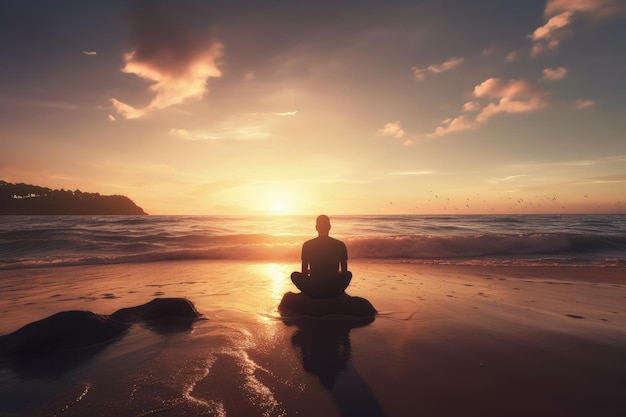 Persona meditando en la playa al atardecer AI