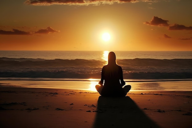 Persona meditando en la playa con puesta de sol en el fondo