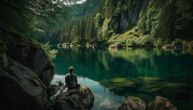 Una persona meditando en un tranquilo acantilado de montaña generado por IA