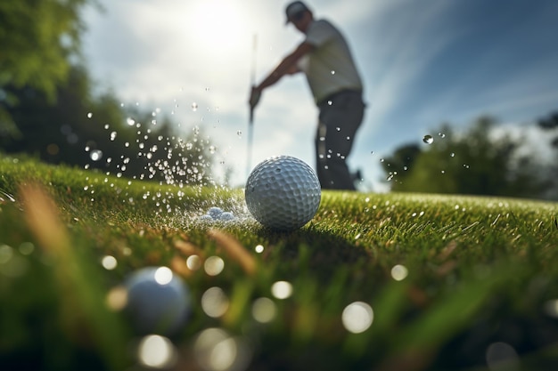 una persona metiendo una pelota de golf en el hoyo durante el día sobre un fondo borroso en estilo bokeh