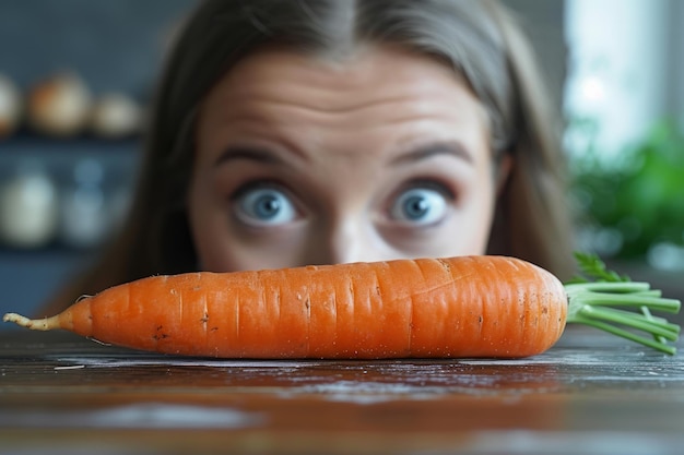 Una persona mirando una sola zanahoria haciendo dieta y comiendo saludablemente