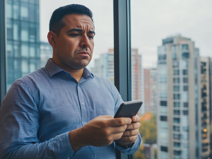 Una persona mirando su teléfono al aire libre cerca de una ventana