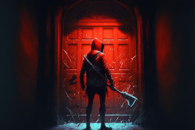 Persona misteriosa debajo de una chaqueta roja sostiene un hacha frente a la puerta Ilustración de estilo de arte digital pintura concepto de fantasía de una persona misteriosa con una chaqueta roja