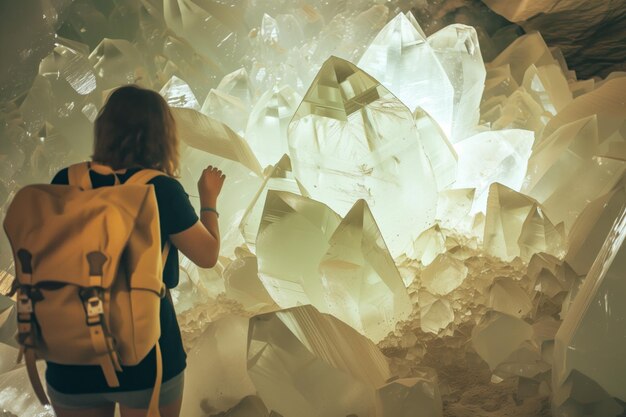 Foto persona con mochila admirando grandes cristales de la cueva