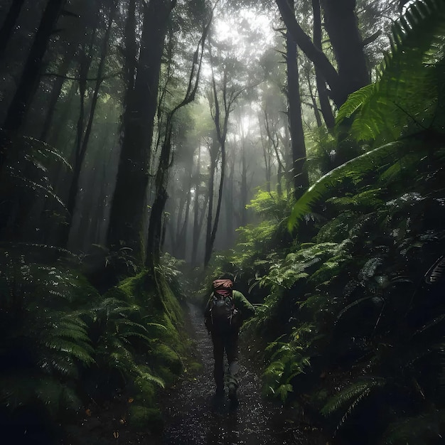 Una persona con una mochila caminando por un bosque