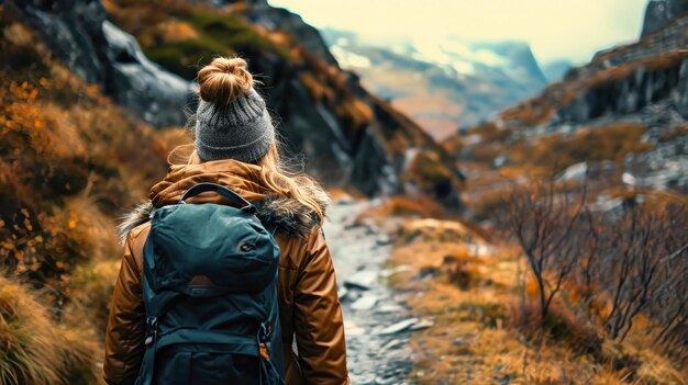 Una persona con una mochila caminando por un sendero en las montañas