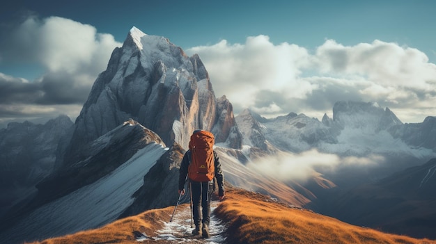 Una persona con mochila en la espalda camina por el pico de la montaña fotografía de la naturaleza imagen generada por IA