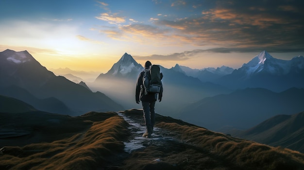 Una persona con una mochila de pie en una montaña