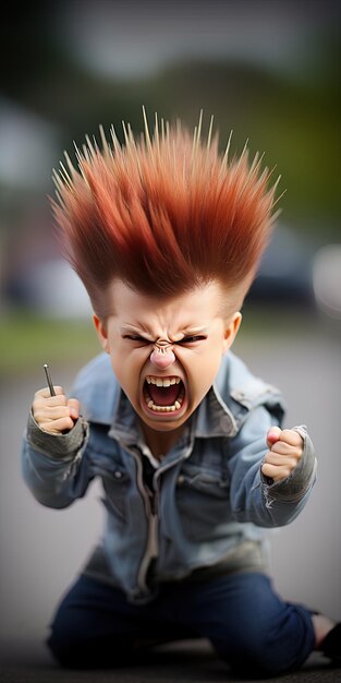 Foto una persona con un mohawk en la cabeza y un micrófono en el aire.