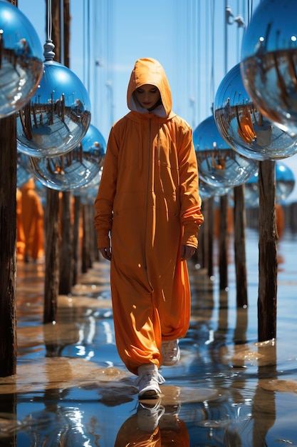 una persona con un mono naranja caminando en el agua con bolas reflectantes