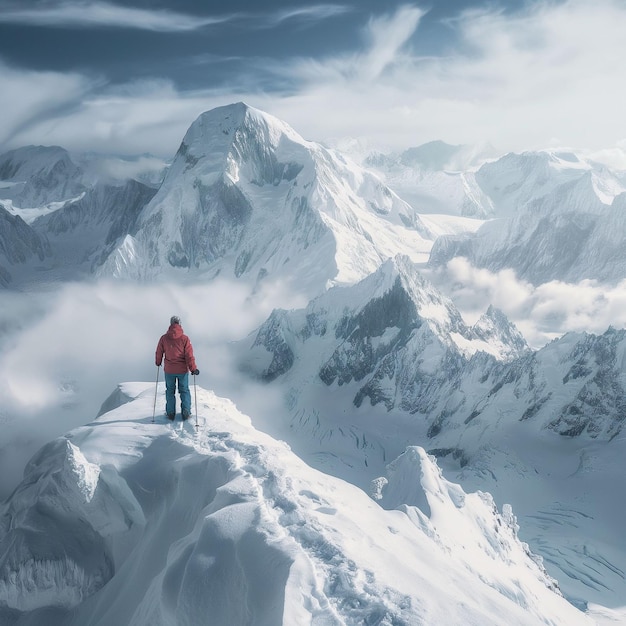 una persona en una montaña con una chaqueta roja y una tabla de nieve en el centro de la imagen