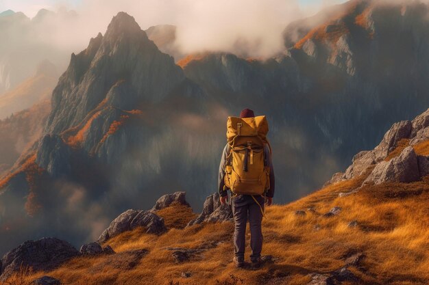 persona en la montaña con una mochila