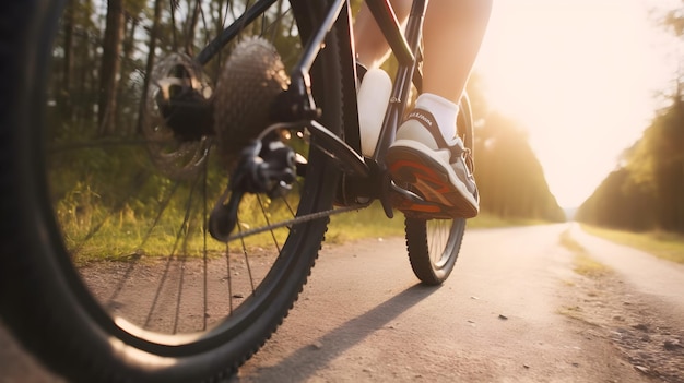 Una persona montando en bicicleta con una cadena de bicicleta en la parte delantera.