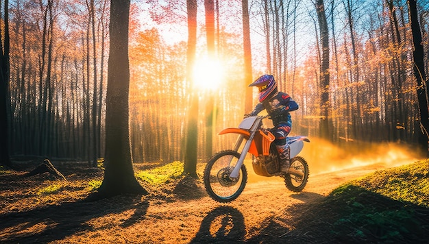 Una persona montando una moto de cross en un bosque.