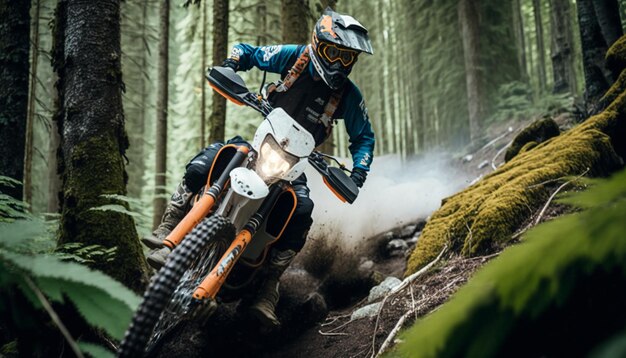 Una persona montando una moto de cross en un bosque.