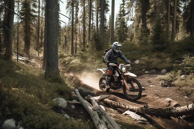 Una persona montando una moto de cross en un bosque.