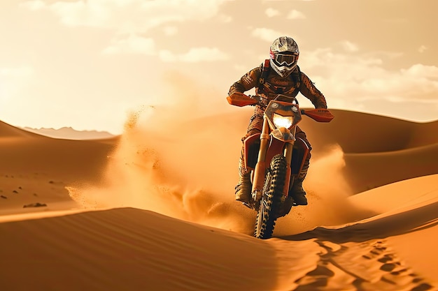 Una persona montando una moto de cross en el desierto.
